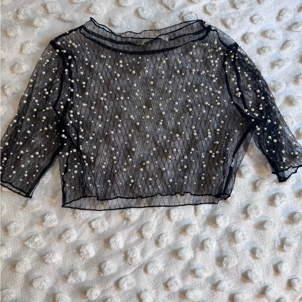 Hot & Delicious Black Mesh Blouse with White pearls